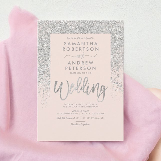 Convites Tipografia com brilho prateado casamento rosa-clar (Silver glitter typography blush pink wedding invitation)