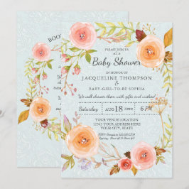 Convites Tipografia Damask Azul e Rosa Floral Aquarela