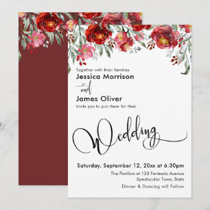 Convites Tipografia de Casamento com Flores Vermelhas Burgu