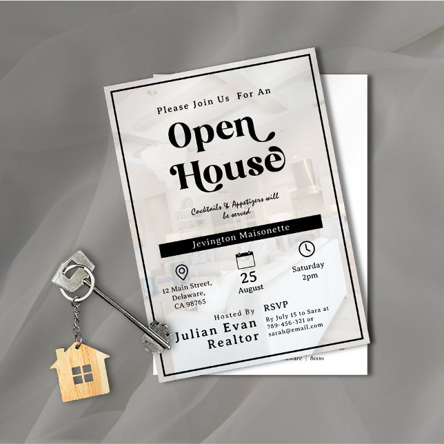 Convites Tipografia de fundo com fotografia de propriedade  (Property Photo Background Typography Open House Invitation)