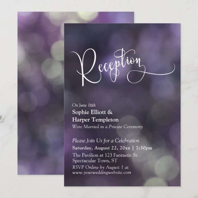 Convites Tipografia de Recepção de Casamento com Luz Bokeh  (Frente/Verso)