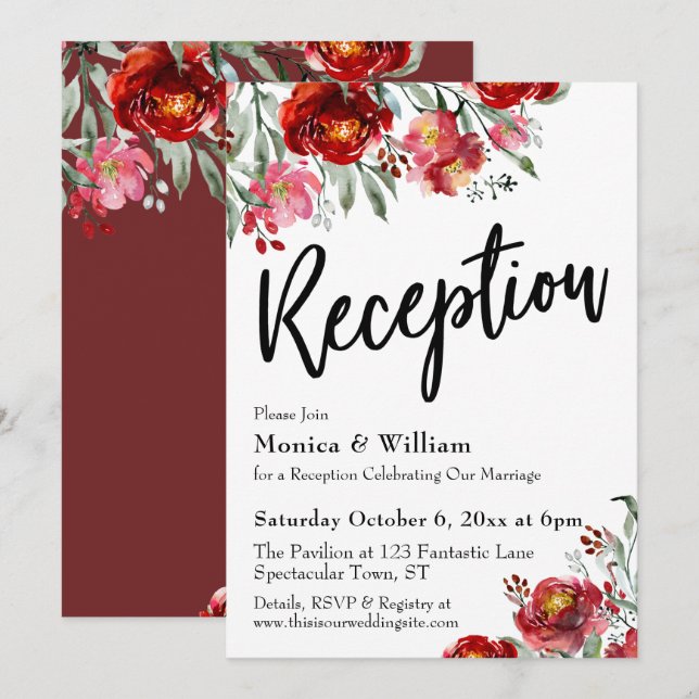Convites Tipografia de Recepção de Casamento Floral Vermelh (Frente/Verso)