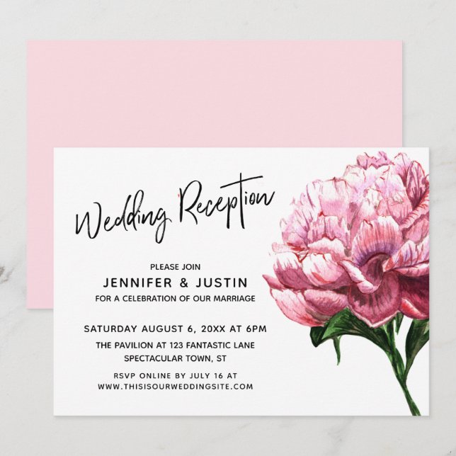 Convites Tipografia de Recepção de Casamento Peônia Aquarel (Frente/Verso)