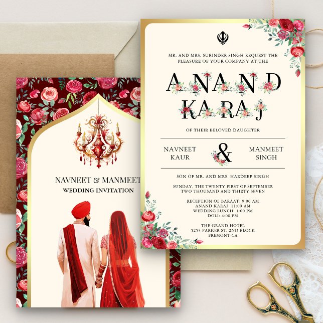 Convites Tipografia de Rosas Vermelhas Anand Karaj Casament (Criador carregado)