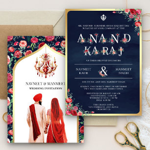 Convites Tipografia de Rosas Vermelhas Casamento Sikh Blue