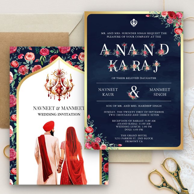 Convites Tipografia de Rosas Vermelhas Casamento Sikh Blue  (Criador carregado)