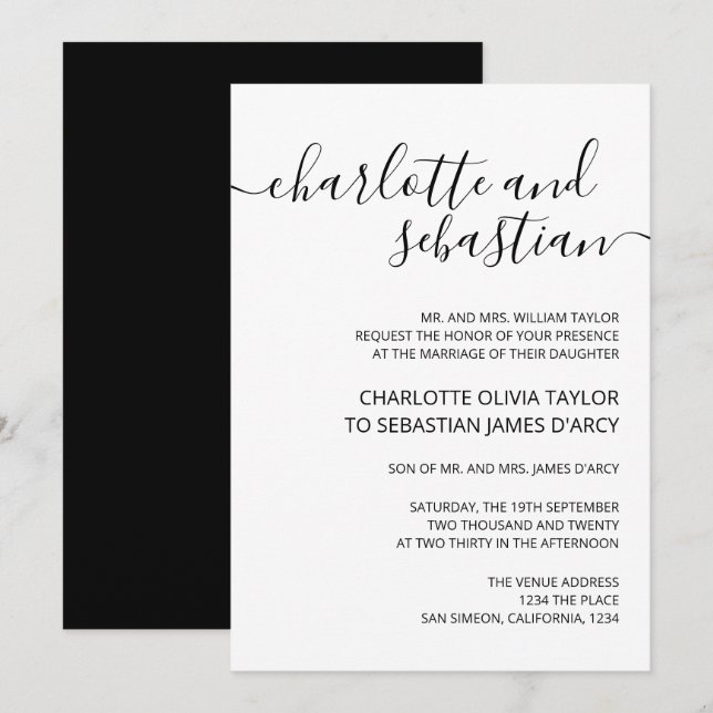 Convites Tipografia de Script Manuscrito Preto-Branco Elega (Frente/Verso)