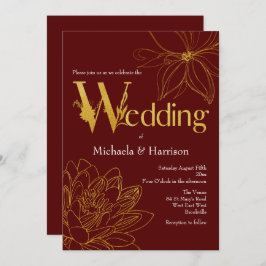 Convites Tipografia do Casamento Floral Dourado e Borgonha