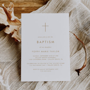 Convites Tipografia Dourada Chic - Cruz Batismo 