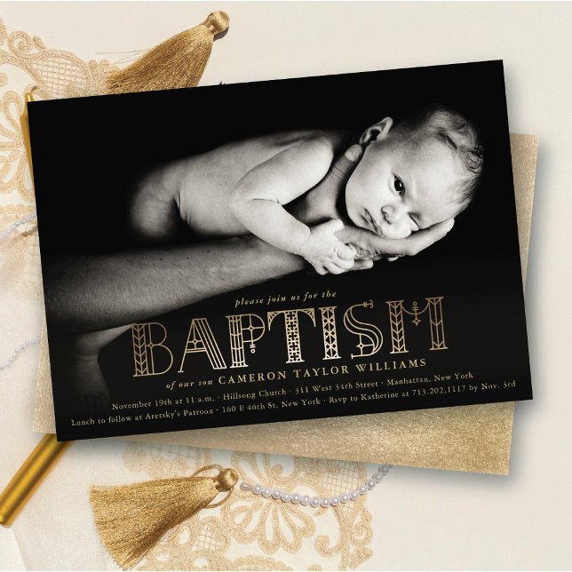 Convites Tipografia Dourada Elegante Foto de Batizado Chic (Boho Elegant Faux Gold Foil Stylish Chic Modern Baptism Religious Photo Invitation @ fat_fa_tin)
