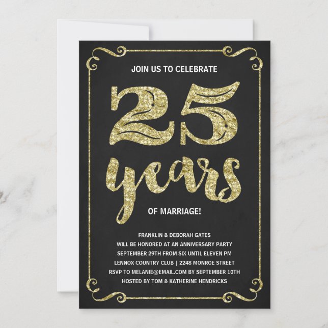 Convites Tipografia Dourada | Faux Foil 25 Anniversário (Frente)