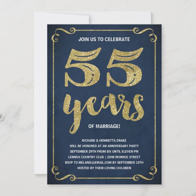 Convites Tipografia Dourada | Faux Foil 55.o Aniversário (Frente)