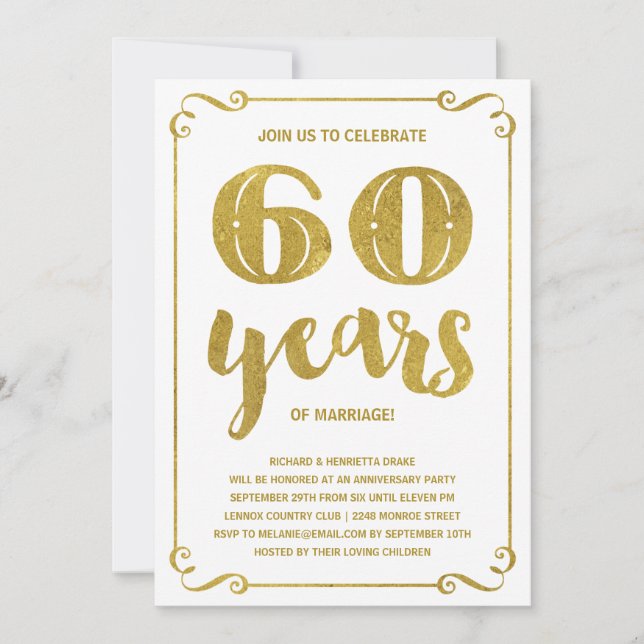 Convites Tipografia Dourada | Faux Foil 60º Aniversário (Frente)