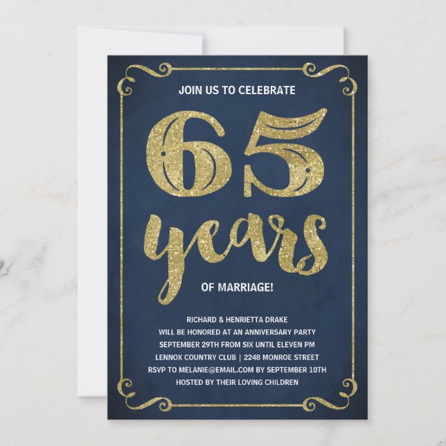 Convites Tipografia Dourada | Faux Foil 65.o Aniversário (Frente)