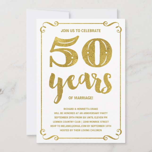 Convites Tipografia Dourada | Faux Foil Aniversário de 50 a (Frente)