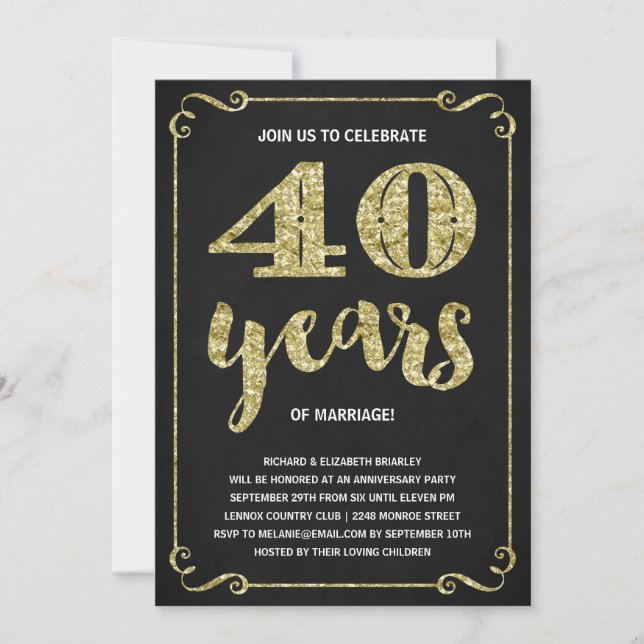 Convites Tipografia Dourada | Folha Falsa de 40º Aniversári (Frente)