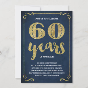 Convites Tipografia Dourada Folha Falsa de 60º Aniversári