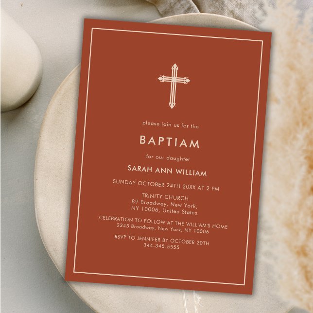 Convites Tipografia Dourada Laranja Queimada Baptismo cruza (Burnt Orange Gold Typography Cross Frame Baptism Invitation)