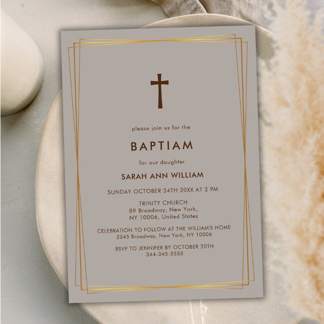 Convites Tipografia Dourada neutra e elegante cruza batismo (Neutral Elegant Gold Typography Cross Baptism Invitation)