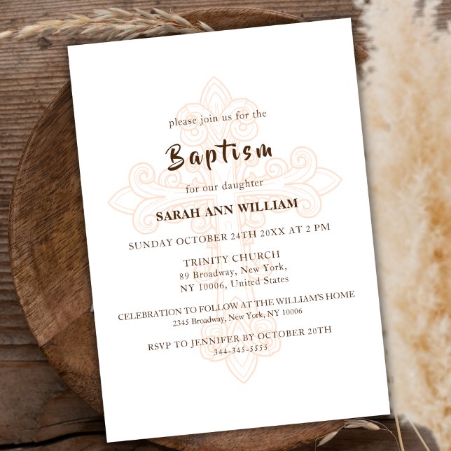 Convites Tipografia Dourada russa moderna cruz batismo (Rustic Modern Gold Typography Cross Baptism Invitation)