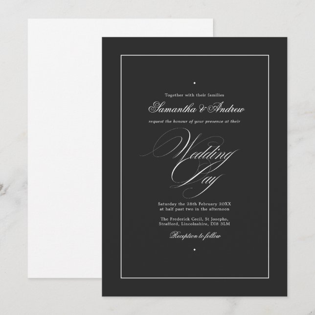 Convites Tipografia Elegante Casamento Preto e Branco Atemp (Frente/Verso)