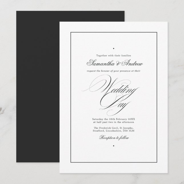 Convites Tipografia Elegante Casamento Preto e Branco Atemp (Frente/Verso)