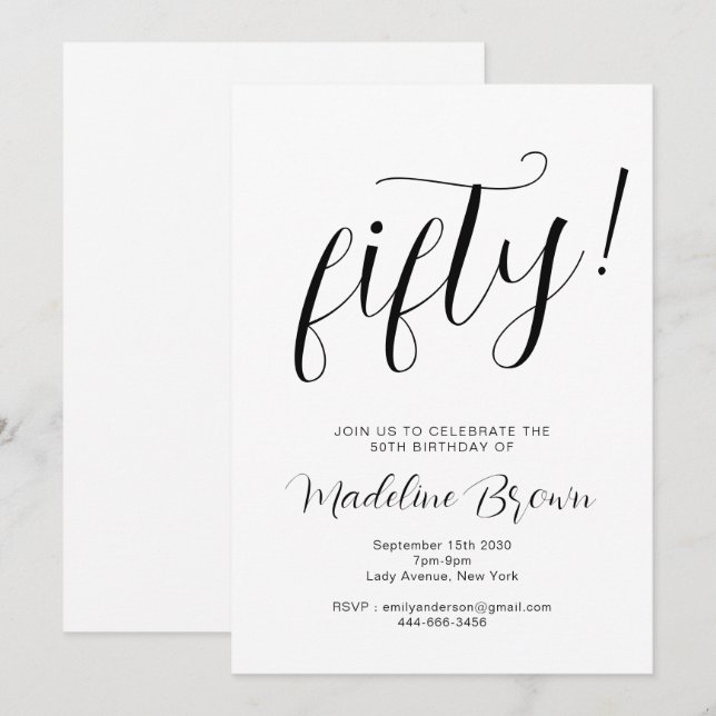 Convites Tipografia Elegante White 50th Birthday (Frente/Verso)