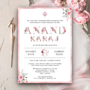 Convites Tipografia Floral Rosa Anand Karaj Sikh Casamento