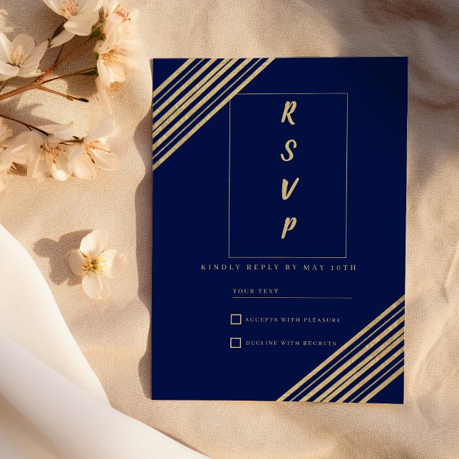 Convites Tipografia geométrica azul marinho dourada RSVP  (Geometrical navy blue gold typography RSVP)