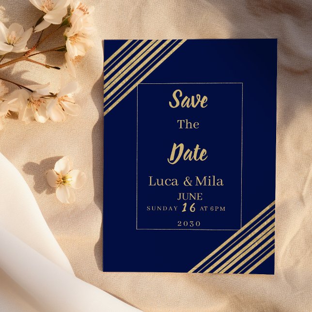 Convites Tipografia geométrica azul marinho dourada Salve a (Geometric navy blue gold typography Save the Date)