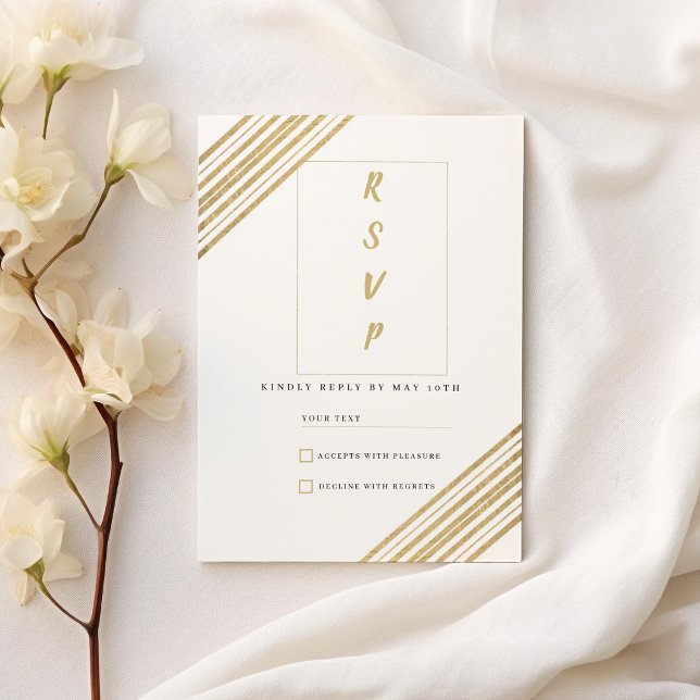Convites Tipografia geométrica branca e dourada RSVP (Geometric white and gold typography RSVP)