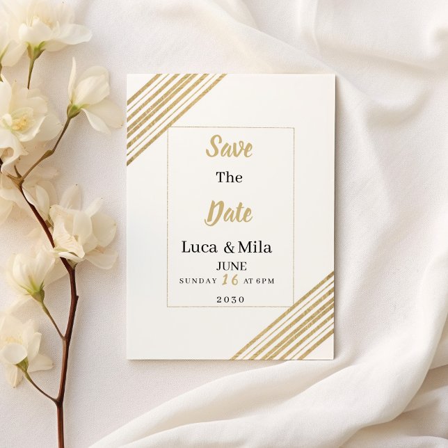 Convites Tipografia geométrica branca e dourada Save the Da (Geometric white and gold typography Save the Date)