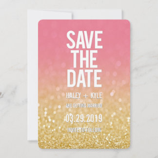 Convites Tipografia Glitter Save the Date Ombre Rosa Dourad