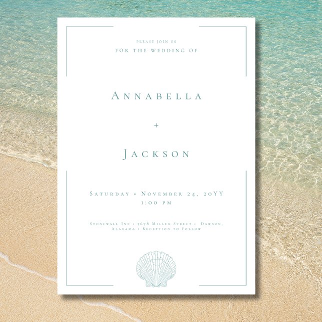 Convites Tipografia Mínima Casamento Aqua e Branco (Minimal Typography Aqua White Shell Wedding Invitation)