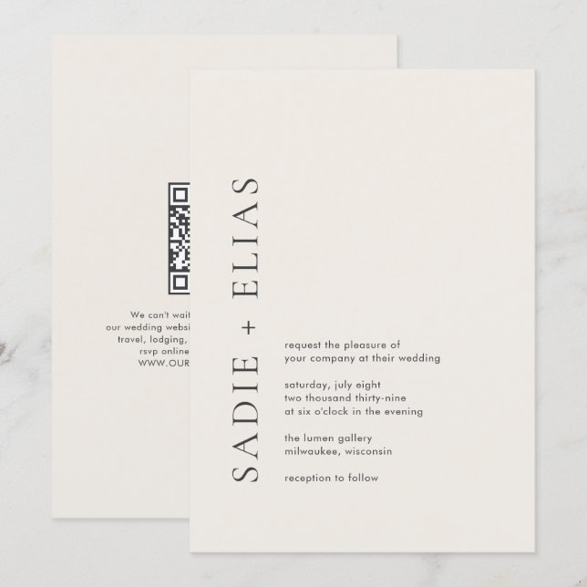 Convites Tipografia Moderna Casamento QR Code Bege Elegante (Frente/Verso)