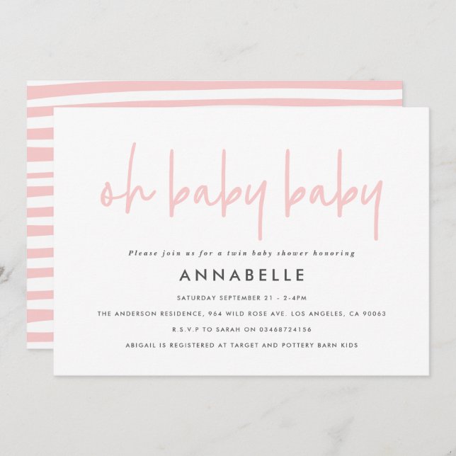 Convites Tipografia moderna cinzenta-rosa-chá de fraldas-gê (Frente/Verso)