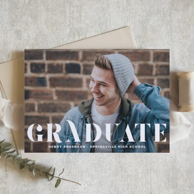 Convites Tipografia Moderna com Floreio Foto Graduação (Customizable photo graduation invitation featuring modern typography. )
