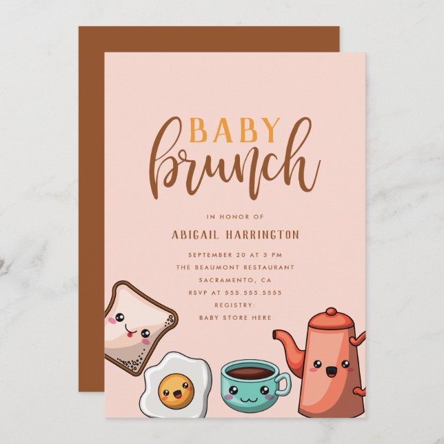 Convites Tipografia Moderna Cute Kawaii Baby Brunch (Frente/Verso)
