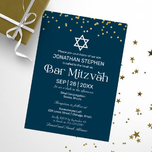 Convites Tipografia Moderna Dourada Confete Azul Bar Mitzva