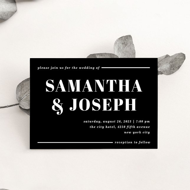Convites Tipografia Moderna e Negrito | Casamento minimalis (A bold, modern wedding invitation in dark black with contrasting white typography)