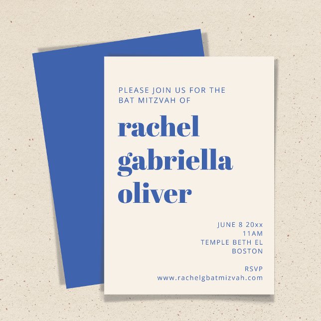 Convites Tipografia Negrito Ivory Blue Modern Bat Mitzvah (Criador carregado)