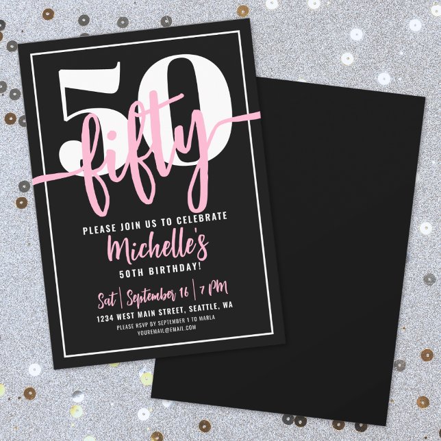 Convites Tipografia Negrito Rosa Moderno 50º Aniversário (Bold Typography Pink Modern 50th Birthday Invitation)