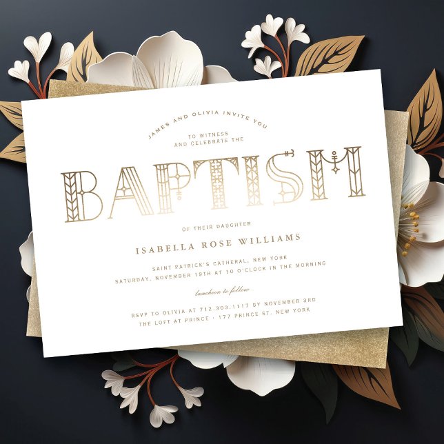 Convites Tipografia Ouro/Branco Art Nouveau Elegante Batism (Boho Classy Gold/White Typography Elegant Baptism Religious Invitation @ fat_fa_tin)