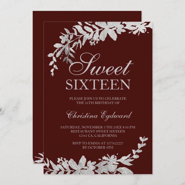 Convites Tipografia prateada Burgundy Vermelho floral Sweet (Frente/Verso)