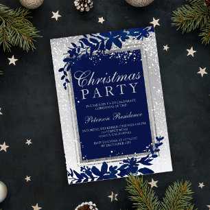 Convites tipografia prateada folha azul neve elegante Natal
