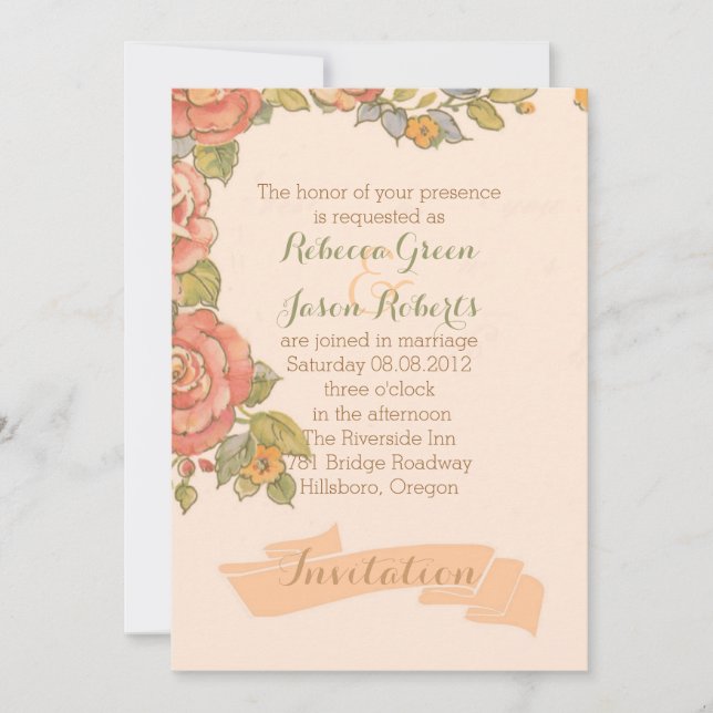 Convites tipografia retrô flores pêssego casamento primaver (Frente)