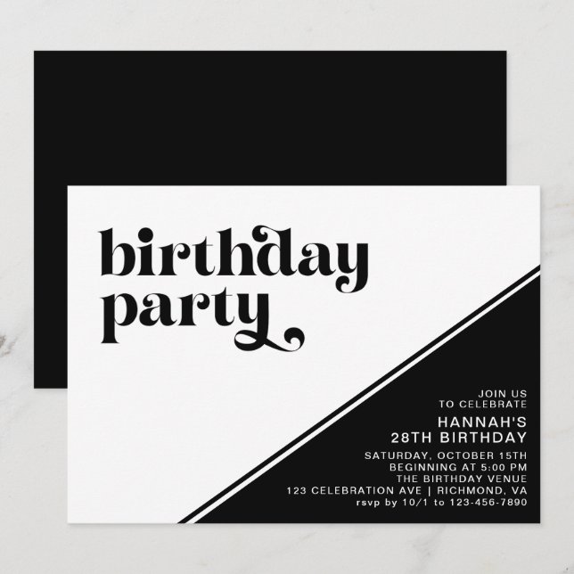 Convites Tipografia Retroativa Moderna | Aniversário preto  (Frente/Verso)