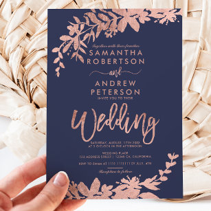 Convites Tipografia rosa dourada Casamento azul marinho