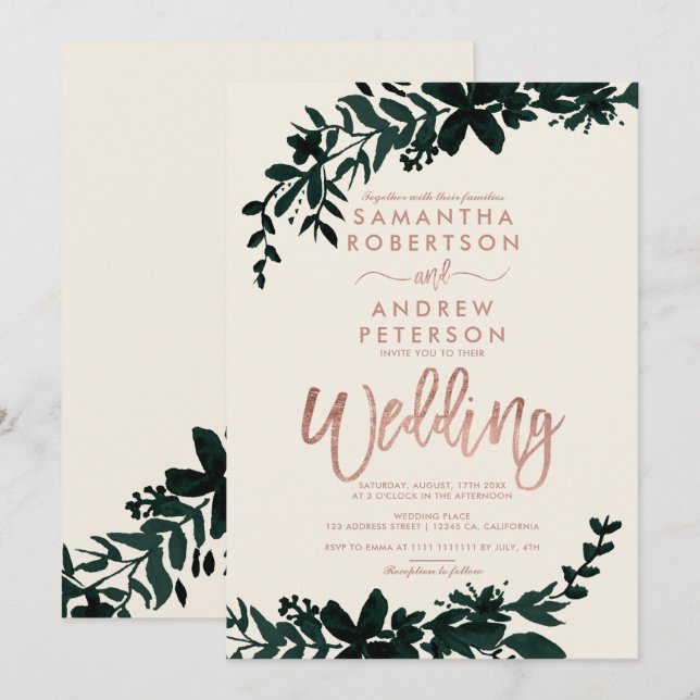 Convites Tipografia rosa dourada Casamento de marfim (Frente/Verso)