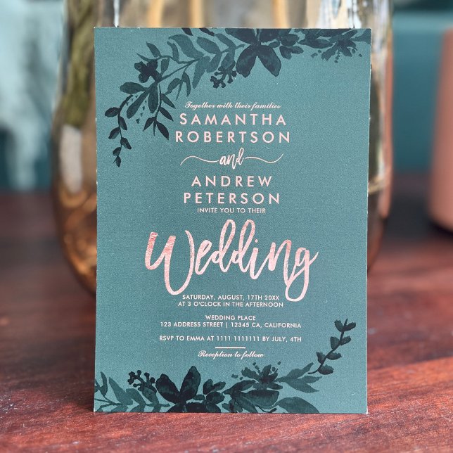 Convites Tipografia rosa dourada Casamento verde (Rose gold typography Floral green wedding Invitation)